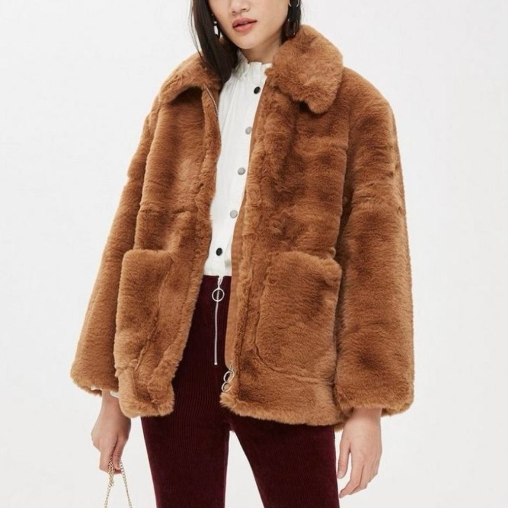 TOPSHOP Faux Fur Zip Up Teddy Coat Jacket w/ Pockets